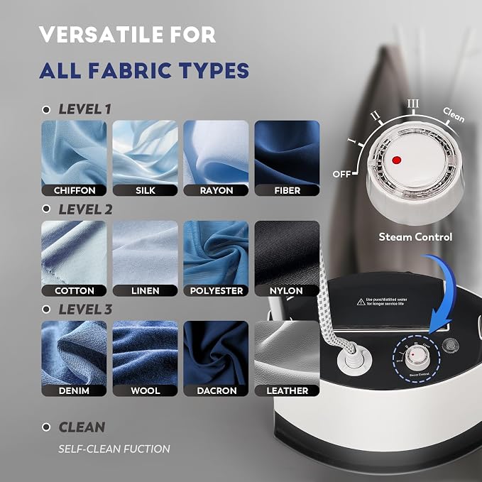 CGOLDENWALL Standing Garment Steamer for Clothes with Flat & Hanging Iron Options: Quick 25s Heat-Up for Continuous 1-Hour Powerful Steam, Including Ironing Board, Fabric Brush and Ironing Gloves