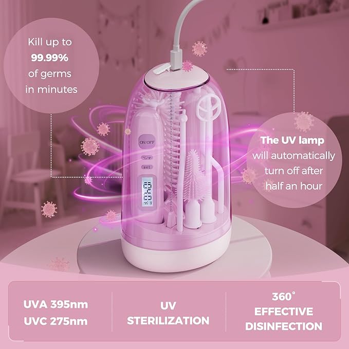 Electric Bottle Brush Cleaner,Rechargable Electric Baby Bottle Brush Cleaner with Thermometer,Silicone Bottle/Nipple/Straw Brush,Drying Rack,Travel Bottle Cleaner Kit for New Moms (Pink)