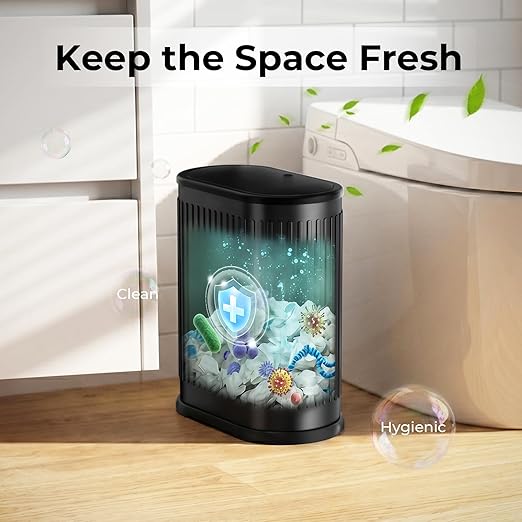 1.8 Gallon Bathroom Trash Can with Lid, Small Black Stainless Steel Press Top Garbage Can, Removable Inner Bucket, Includes 60 Trash Bags