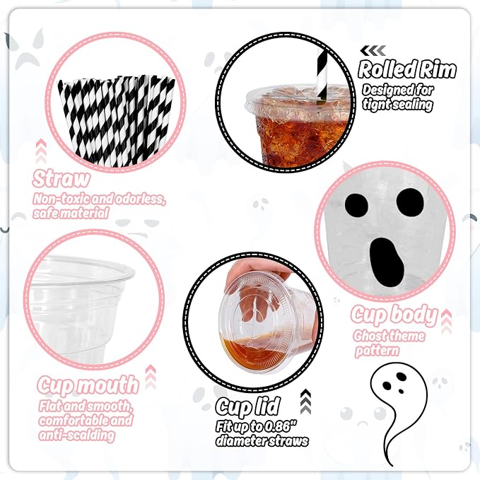 Whaline 60 Pcs 12 Oz Halloween Disposable Plastic Cups with Lids and Straws Black Spooky Ghost Cold Beverage Drinking Cups for Trick or Treat Birthday Party Supplies