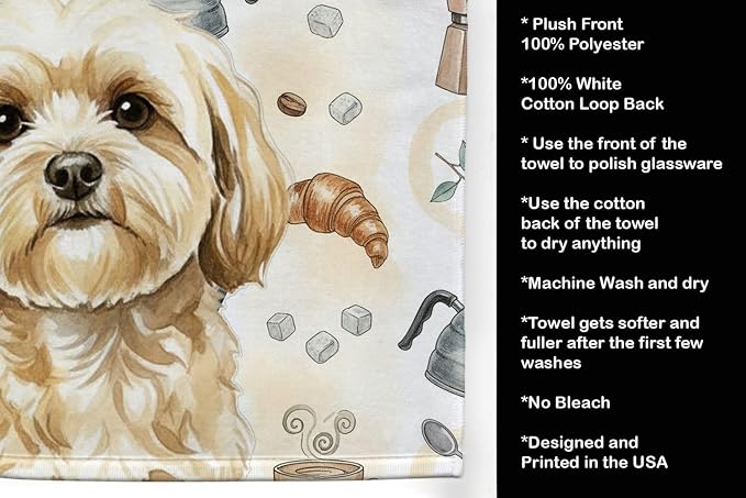 Caroline's Treasures Cream Lhasa Apso Coffee Bar Kitchen Towel Velour Plush Front and Cotton Loop Back Machine Washable