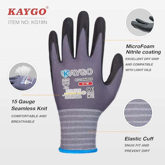 KAYGO Safety Work Gloves MicroFoam Nitrile Coated, 12 Pairs KG18NB,Seamless Knit Nylon Glove for Men and Women, Ideal for Automotive,Warehouse,Construction (L,Red)