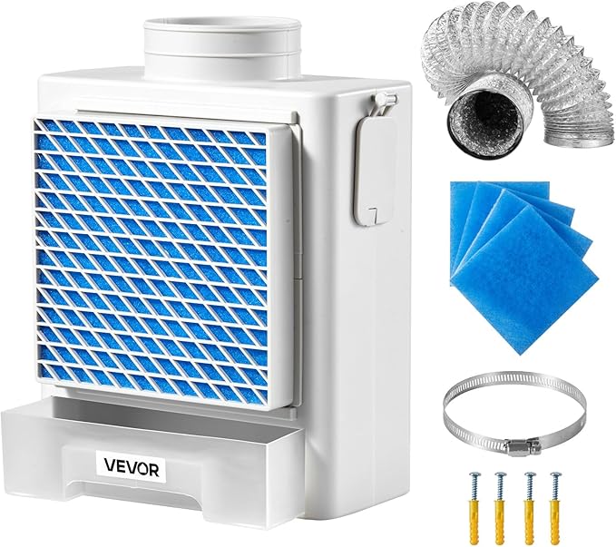 VEVOR 3-in-1 Indoor Dryer Vent Kit,Premium ABS Material with Water Drawer Fits 4 inch Exhaust Port, Smart Overheating Reminder Exhaust Hood & with 4 Purification Pads,For Electric Clothes Dryers