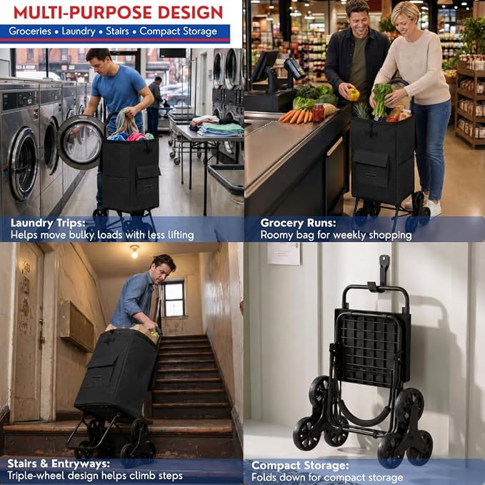 Shopping Cart, Super Loading Stair Climber 220 lbs Capacity, Grocery Foldable Trolley with Extra Large Shopping Bag Laundry Utility Cart with Adjustable Bungee Cord (Black)