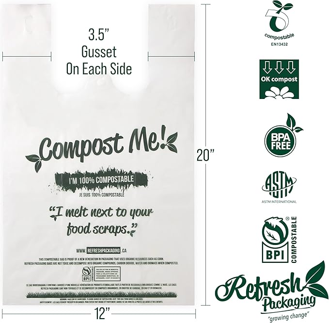 100% Certified Compostable Shopping Bags - Multipurpose Use - T-Shirt Style Bags - 500 Bags Per Case - Eco Friendly - Reduces Waste - Sustainable - No Pollution - Zero Waste