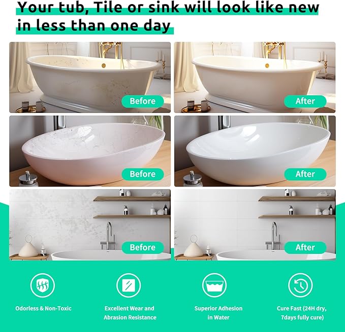 Tub and Tile Refinishing Kit 35oz with Tools, Low Odor DIY Bathroom Paint Sink Tub Countertop Tile White Coating Resurface Paint for Bathroom Kitchen Porcelain Fiberglass, Semi-Gloss White