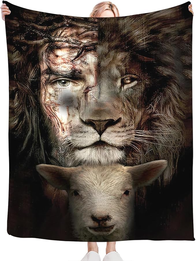 Tijuboni Jesus Lion Lamb Throw Blanket Christian Religious Gifts for Women Men Girls Boys Kids Adults Soft Flannel Fleece Blanket for Couch Sofa Bed Home Decor 40"x50"