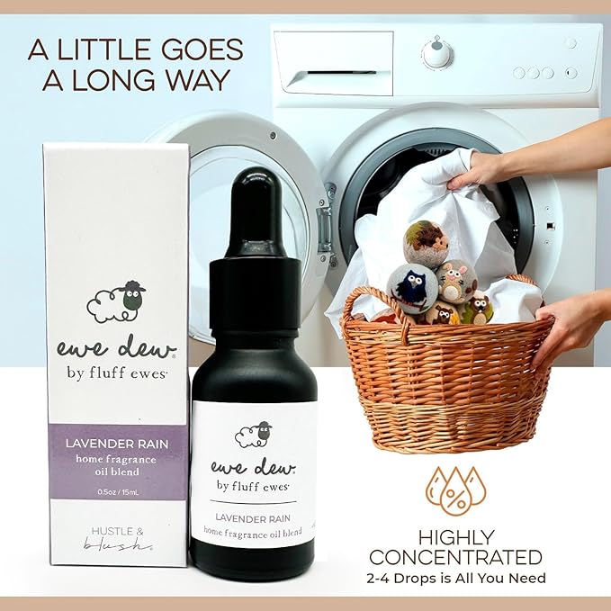 Hustle & Blush Wool Dryer Balls and Essential Oils Blend Bundle Laundry Set, Reduces Drying Time, Chemical Free with Long Lasting Fresh Scent Laundry Supplies - 2 Pack, Lights & 15 ml Lavender Rain
