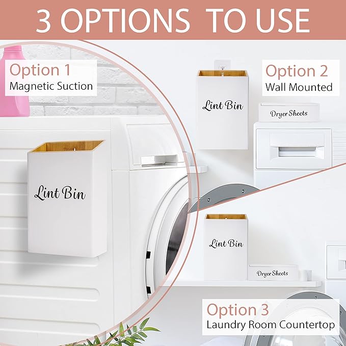 FJO Magnetic Lint Bin 10’’ x 7’’ and Dryer Sheet Holder 8’’ x 5’’ , Wall Mounted Bamboo Wood Trash Can Compact Size Laundry Room Accessories Supplies