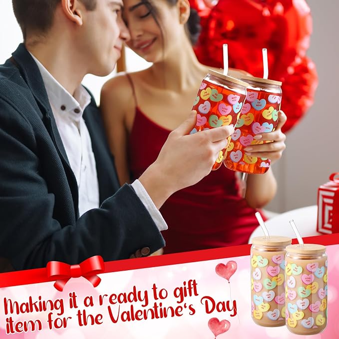 Sliner 2 Pcs Valentine's Day Cups Conversation Heart Glass Tumbler with Lid Straw Gifts 16 oz Iced Coffee Cup Drinking Glasses Holiday Cute Beer Can Tumbler for Home Office Decorations
