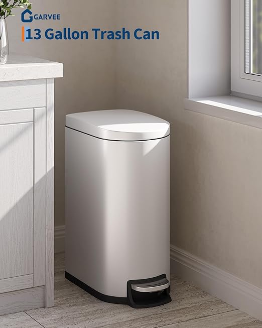 Garvee Slim 13 Gallon Trash Can with Lid, Step-on Metal Kitchen Garbage Bin with Lid & Inner Bucket, Rustproof Design, Soft-Close Lid & Rear Handle for Easy Use, Creamy White
