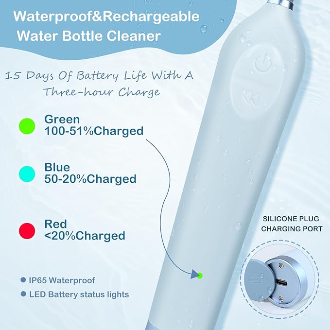 Electric Bottle Brush Cleaner with Holder, Rechargeable Automatic Water Bottle Cleaner with Stainless Steel Extension Handle, Extra Long Water Bottle Brush,Nipple Brush, Straw Cleaner Brush,