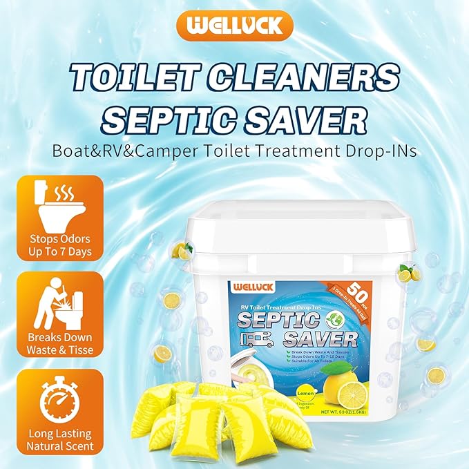 WELLUCK RV Toilet Treatment Drop-Ins, 50 Pack - 50 Week Supply Black Tank Deodorizer | Breaks Down Waste & Tissue | Septic Safe Treatment for RV, Camper, Marine Toilet | Lemon Scents