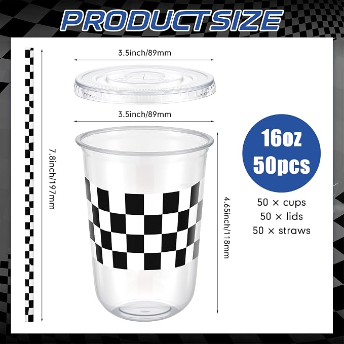 LemonRoad 50sets 16oz Checkered Cups Race Car Birthday Party Decorations Supplies Plastic Cups Disposable with Lids and Straws for Racing Themed Party Christmas Birthday Wedding Baby Shower Decoration