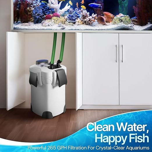 Flexzion Aquarium Canister Filter with 265GPH Flow Rate, Spray Bar, & 3-Stage Media Filtration for up to 75 Gallon Fish Tanks - Ultra-Quiet External Canister Filters for Aquarium