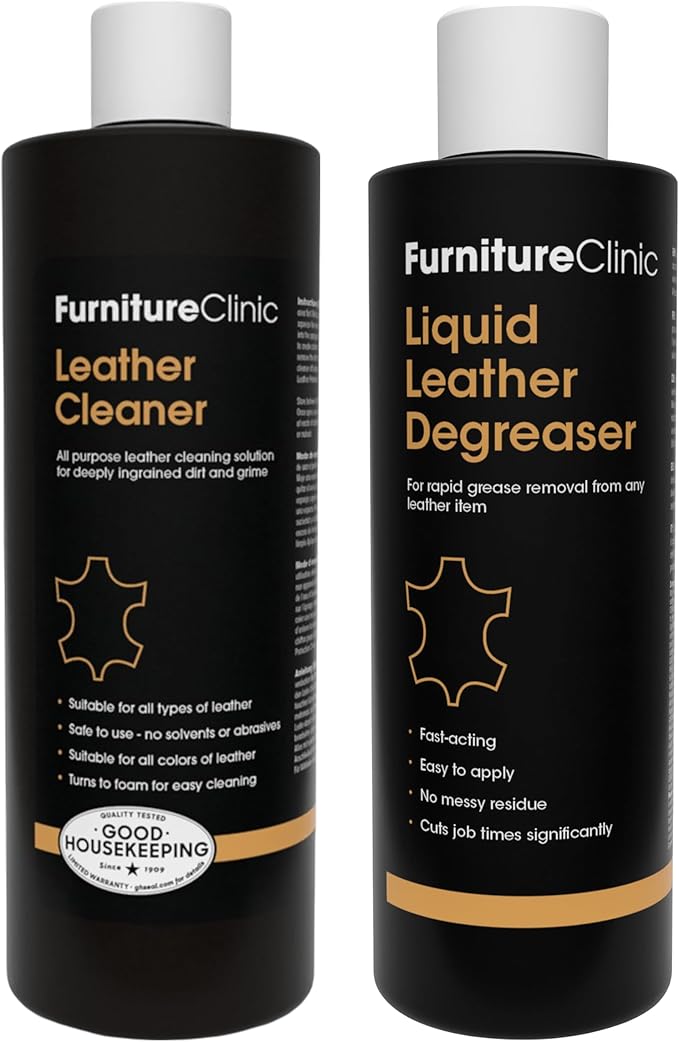 Furniture Clinic Leather Cleaner 17 Fl Oz + Leather Degreaser 250ml | Professional Oil & Grease Stain Remover | All-Purpose Cleaning Solution for Couches, Car Seats, Purses, Shoes & more