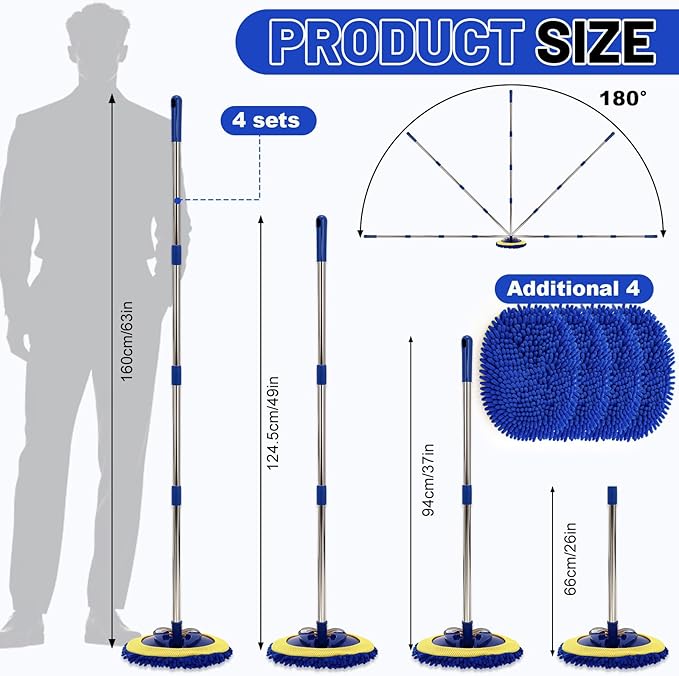 4 Pack 360° Spin Mop with 4 Microfiber Mop Refills, Extendable 63" Stainless Steel Handle for Easy Floor, Ceiling, Wall & Window Cleaning, Household Mops(Blue)