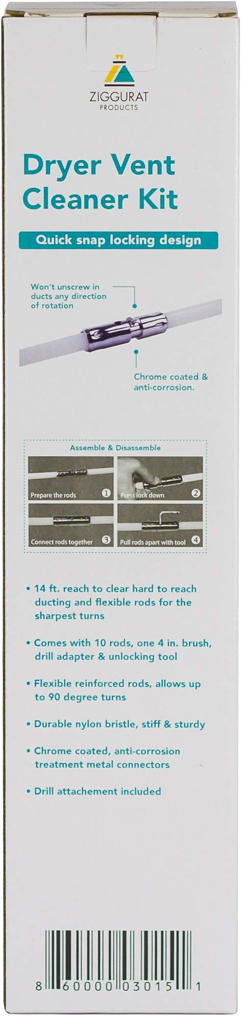14' Quick Snap Cleaning Kit with Drill Attachment for Dryer Hose and Vent Duct Cleaning - Ziggurat Products