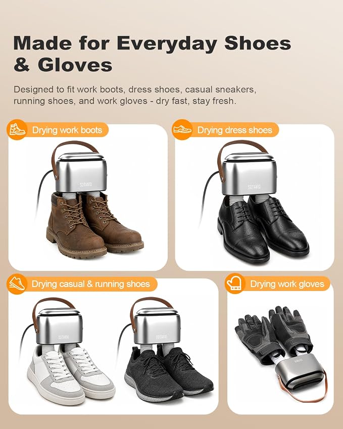 SOTHING Boot Dryer for Work Boots and Ski Boots with Ozone Odor Freshening, Portable Shoe Dryer & Glove Dryer with 11.81-Inch Extendable Hoses, 3 Heat Levels, 1–9H Timer for Sneakers and Rain Boots