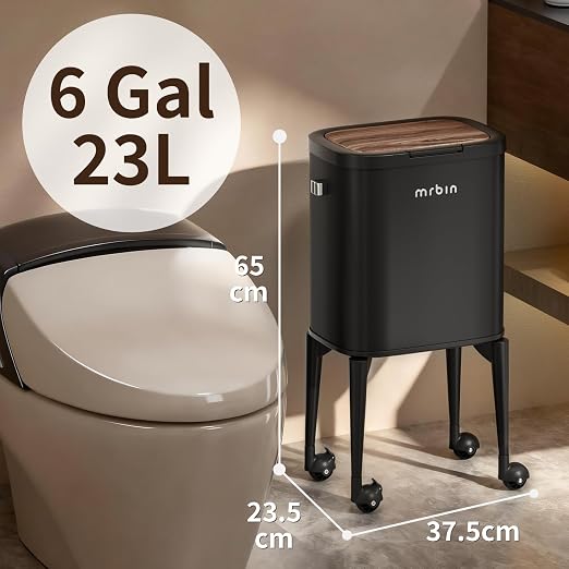 MRBIN Metal Kitchen Trash Can with Wheel Legs, 23L / 6.1gal Medium Press Lid Slim Removable Waste Basket, Pet Proof Tall Narrow Garbage Pail, for Vanity, Bedroom, Bathroom, Living Room, Black & Wood