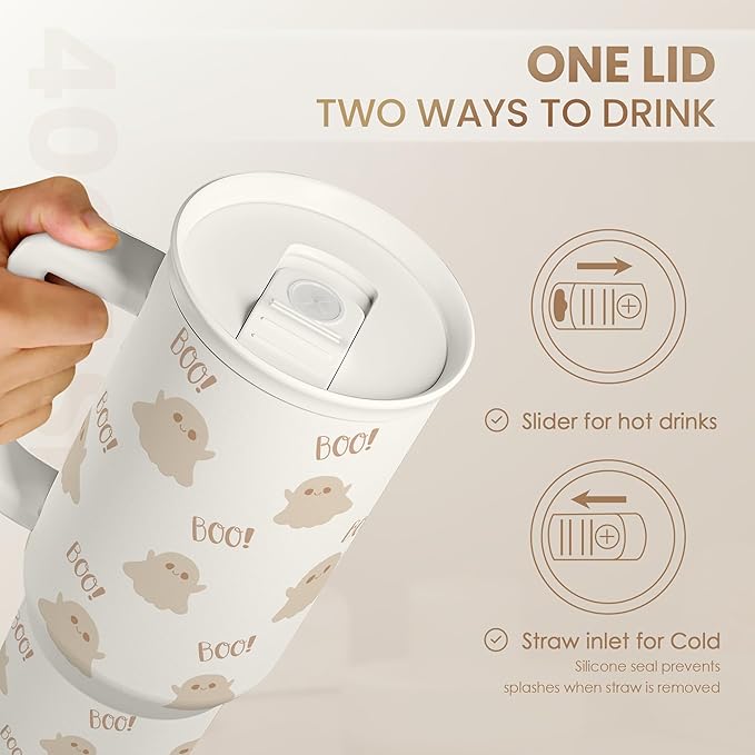 SANDJEST Boo Tumbler with Handle and Straw 40oz – Stainless Sleel Slider Tumbler Travel Coffee Mug for Women - Gift Idea for Fall Autumn Halloween Christmas