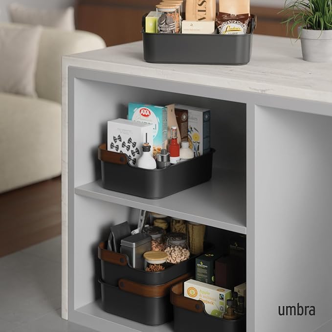 Umbra Bellwood Stackable Bin, 14" x 10" Durable Lightweight Container with Wooden Handle and Removable Dividers, Black/Walnut