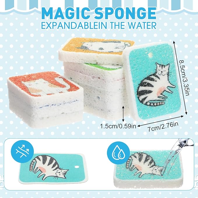 Maxdot 50 Counts Compressed Cellulose Sponges Bulk Cat Style Natural Kitchen Compostable Non Scratch Dish Sponges for Washing Dishes, Cleaning Countertop Sink, Kids DIY
