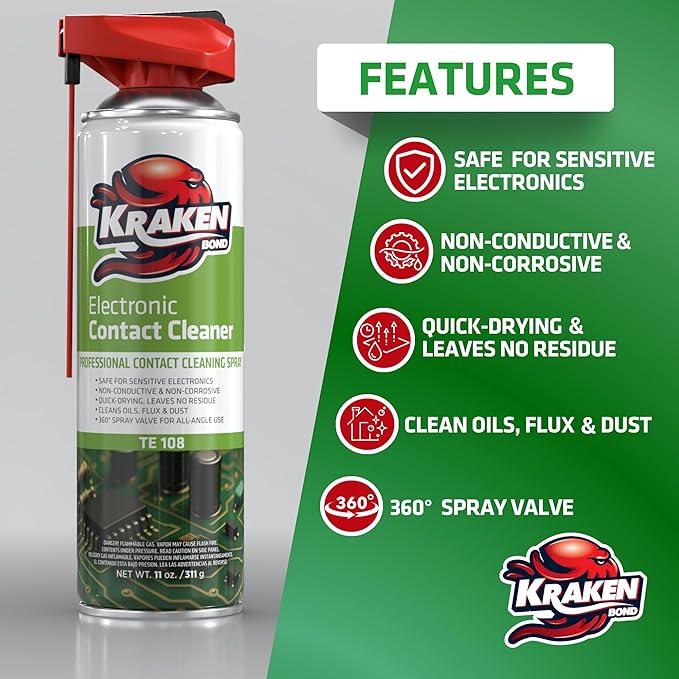 KRAKEN BOND Electronic Contact Cleaner Spray – (12X11 Oz) – Fast-Drying, Residue-Free, Non-Conductive Cleaner for Sensitive Electronics, Automotive, Circuit Boards & Connectors – 12 Pack