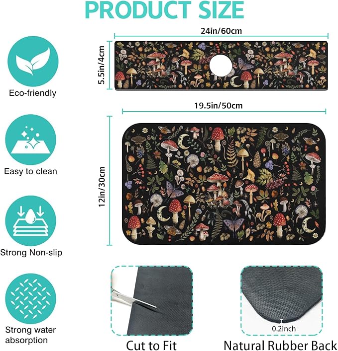 Dish Drying Mat for Kitchen Counter Matt, 2PCS 19"x12" Dish Drainer Mat & 24"x5.5" Sink Splash Guard, Super Absorbent Non-slip Rubber Backed