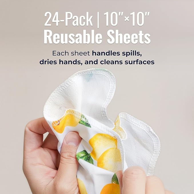 Zero Waste Reusable Paper Towels, Organic Cotton Flannel Wipes for Kitchen, Bathroom, Hand Drying, Pet Messes, and Counter Cleaning, Lemons, 24-Pack Gift Set