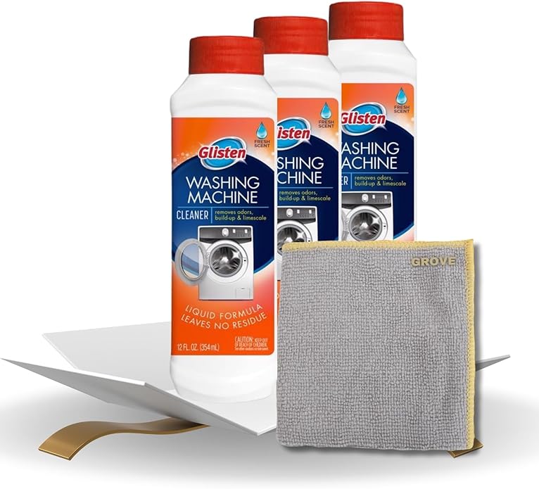 Glisten Washing Machine Cleaner 12 oz Bundle with Microfiber Cloth - Powerful Washer Cleaner for Removing Odor and Mineral Build-Up - Laundry Machine Cleaner - Deodorizes & Freshens - (4 Items)