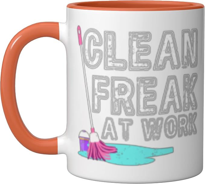 Clean Freak at Work Cleaning Ceramic Mug, Orange/White
