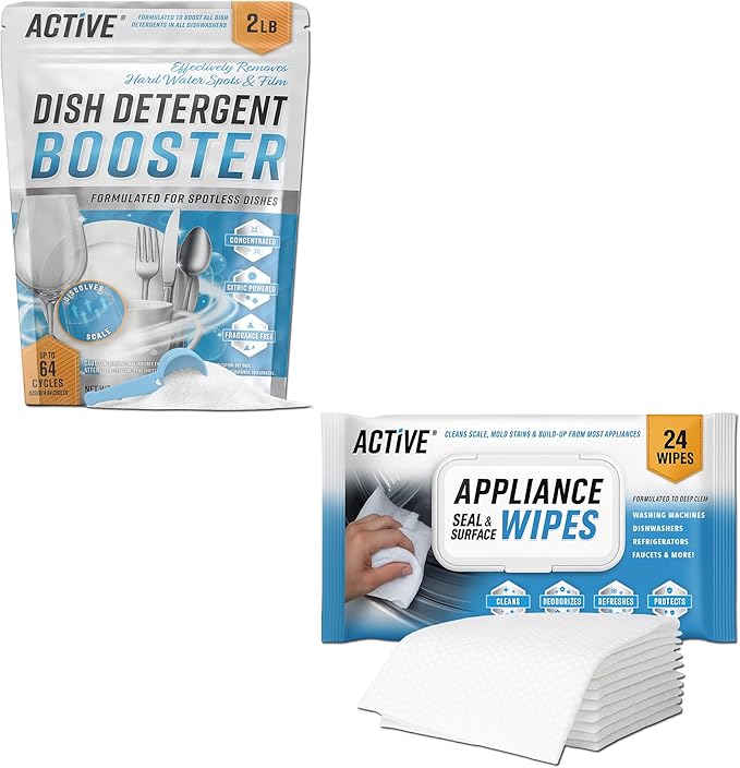 ACTIVE Dishwasher Detergent Booster and Appliance Cleaner Wipes - Includes 32oz Dish Soap Boosting Powder and 24ct Appliance Cleaning Wipes
