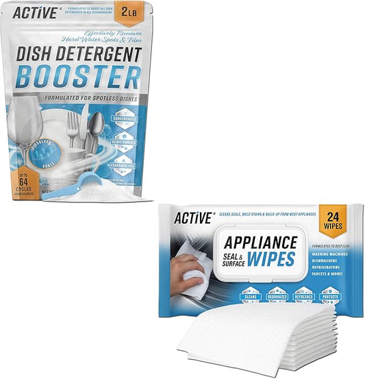ACTIVE Dishwasher Detergent Booster and Appliance Cleaner Wipes - Includes 32oz Dish Soap Boosting Powder and 24ct Appliance Cleaning Wipes