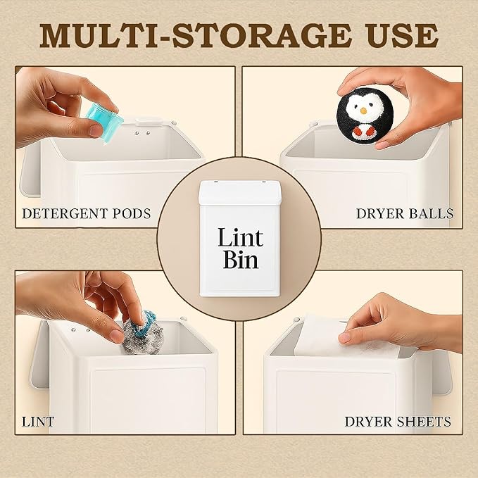 Magnetic Lint Bin for Laundry Room Organization & Storage, Wall-Mounted Dryer Lint Bin Trash Can with Lid, Lint Box Includes Brush, 2 White Hooks, 1 Black Hook, Screws & Magnet Glue (White)