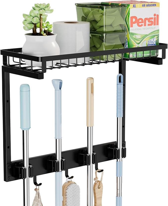 Broom Holder Wall Mount with Cleaning Supplies Organizer, Laundry Room Organization and Storage Shelves with Mop Hanger Rack Gripper Hooks, Home Improvement Kitchen Shelf Garage Organizer
