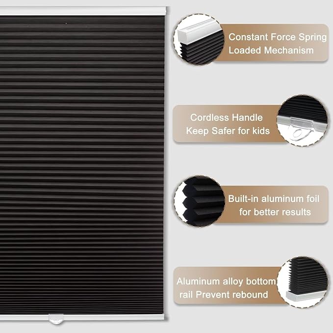MYshade Cordless Blackout Cellular Shades, 1.5" Honeycomb Window Blinds for Bedroom & Nursery, Thermal Insulated, Noise Reducing, Privacy Shades, Inside or Outside Mount (20" W x 64" H, Black)