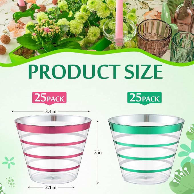 Gejoy 9 oz 50 Pcs Sorority Party Rimmed Stripe Plastic Cups Bulk Disposable Wine Hard Plastic Sisterhood Drinking Cocktail Cups Tumblers for Wedding Gathering Party Supplies(Green and Pink)