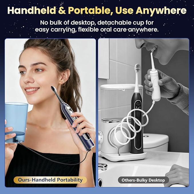 Electric Toothbrush with Water Flosser, Upgraded 2.0 Flossing Toothbrush with 5 Speeds & 3 Modes, 30 Days/Charge, for Teeth Cleaning and Plaque Removal, Sensitive Teeth & Dental Implants-Dark Blue