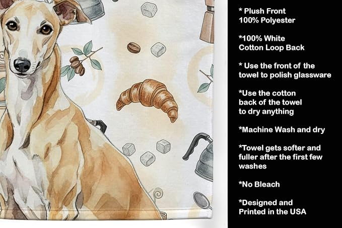 Caroline's Treasures Fawn Greyhound Coffee Bar Kitchen Towel Velour Plush Front and Cotton Loop Back Machine Washable