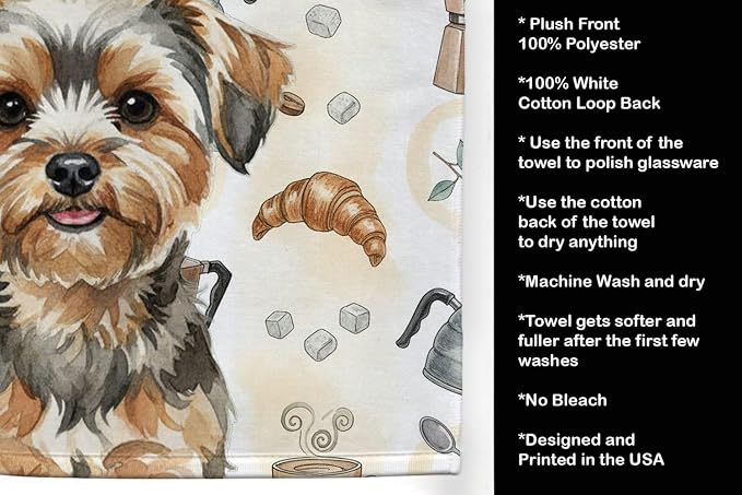 Caroline's Treasures Yorkiepoo Coffee Bar Kitchen Towel Velour Plush Front and Cotton Loop Back Machine Washable