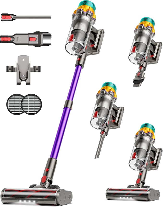 Cordless Vacuum Cleaner, 50kPa, 65 Minutes XL, Vacuum Cleaner with Tangle Brush, LED Display, Freestanding, Cordless Vacuum Cleaner for Parquet, Carpet, Pet Hair, Purple