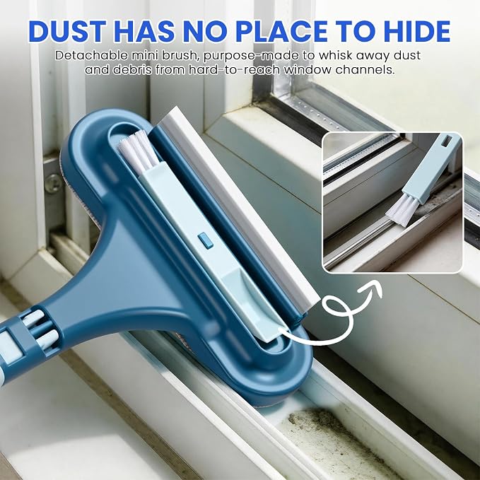 2-in-1 Screen Cleaning Brush with Squeegee - Window Mesh Cleaner & Pet Hair Remover for Couch, Multi-Use Crevice Tool for Patio and Porch Screens (Cyan Blue)