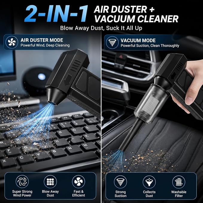 Bestmotoring Electric Air Duster, 130000 RPM Rechargeable Compressed Air Duster with Dual 21700 Batteries, Cordless Air Blower for PC Cleaning, Keyboard Cleaner and Car Detailing