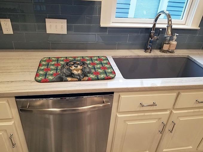 Caroline's Treasures Black and Tan Cavalier Spaniel Christmas PoinsettIas Dish Drying Mat Absorbent Dish Drying Mat Pad for Kitchen Counter Dish Drainer Mat for Countertop, 14 x 21", Multicolor