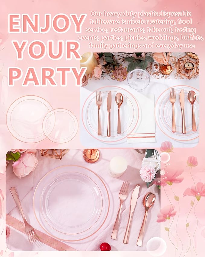 GATHER 700PCS Rose Gold Plastic Plates - Clear Rose Gold Rim Disposable Dinnerware Set Includes 200 Plates, 300 Silverware, 100 Napkins, 100 Cups for Party & Wedding