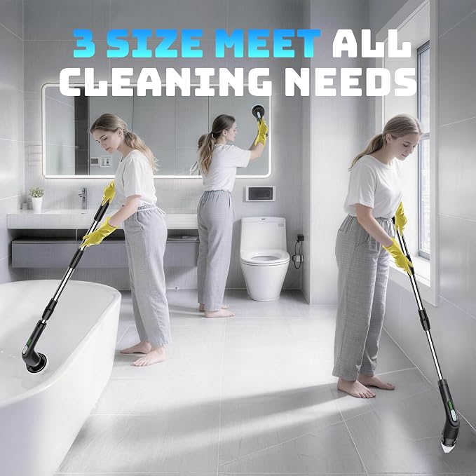 Highyes Electric Spin Scrubber, Powerful 2-Speed Cleaning Brush, | IPX7 Waterproof with 7 Reusable Brush Heads & Extendable Handle, for Bathroom Toilet Shower Kitchen Wall Tile Floor Grout