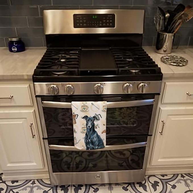 Caroline's Treasures Black Greyhound Coffee Bar Kitchen Towel Velour Plush Front and Cotton Loop Back Machine Washable