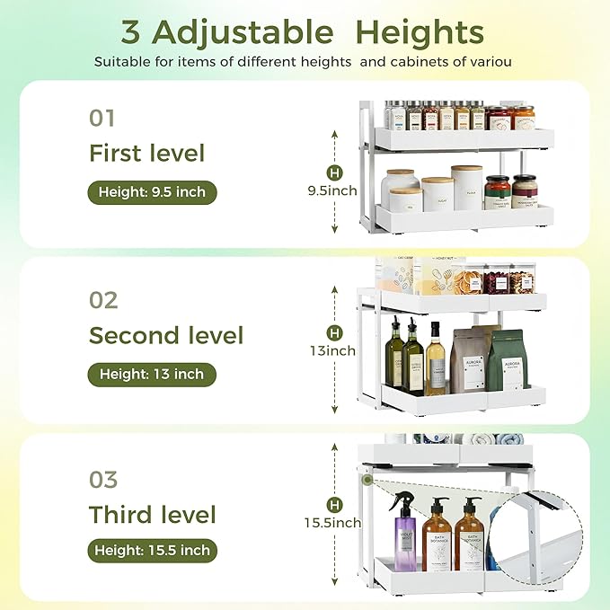 Abalter Expandable Pull Out Cabinet Organizer,2-Tier Slide Out Drawer for Kitchen Cabinets,Adjustable Width 12–18.5",Slide Out Shelves for Kitchen Countertop, Bathroom, Pantry, Heavy Duty Caddy(White)