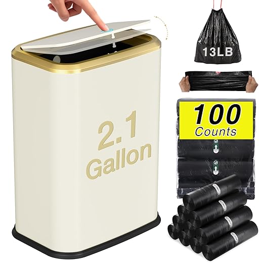 Bathroom Trash Can with Lid, 8L/2.1 Gallon Beige Trash Can Small Garbage Can with Press Top Lid Slim Stainless Steel Garbage Can with 100 Counts Trash Bags for Bathroom Bedroom Kitchen Office Toilet